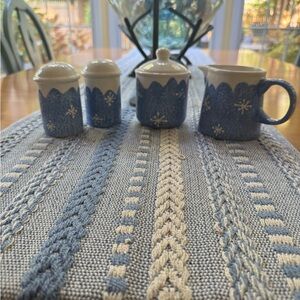Blue and White Ceramic Snowflake Sugar, Creamer & Salt & Pepper Shakers Set.